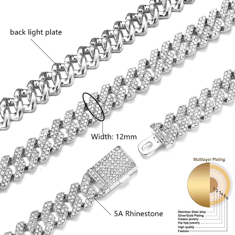 Cross-border explosions hip-hop full diamond necklace diamond Joker 12mm with diamond high sense Cuban chain jewelry wholesale